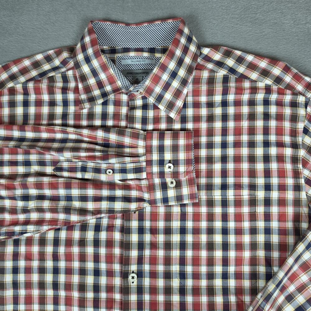 Johnston & Murphy XL Tailored Fit Plaid Button Down Shirt Red Blue White 100% Co